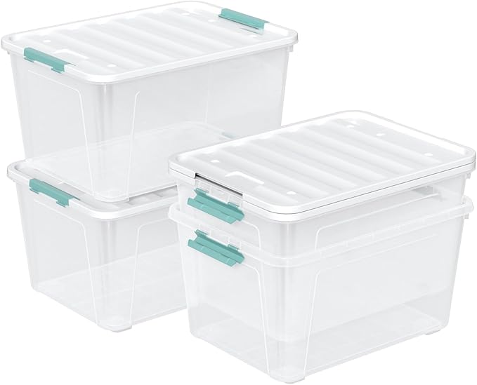 85 Quart (21 Gallon) Clear Large Plastic Storage Latch Box with Lid, Plastic Storage Bins with Wheels, 4-Pack