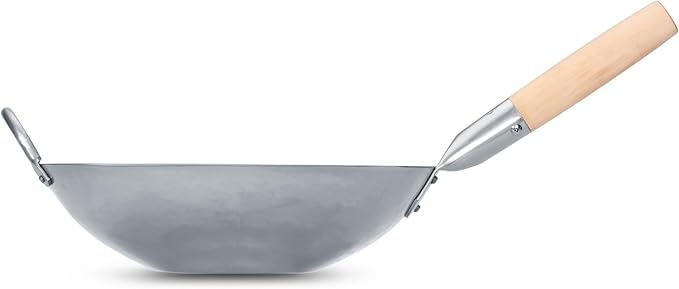 Craft Wok Flat Hand Hammered Carbon Steel Pow Wok with Wooden and Steel Helper Handle (12 Inch, Flat Bottom) / 731W316-12in
