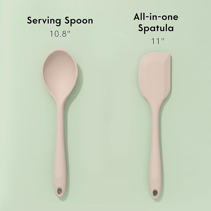 Non-Toxic Platinum Silicone Kitchen Utensil Set of 2 โ Non-Scratch Cooking Spoon & Spatula, 100% Plastic Free, Stainless Steel Core, Heat Resistant 500ยฐF, Beige