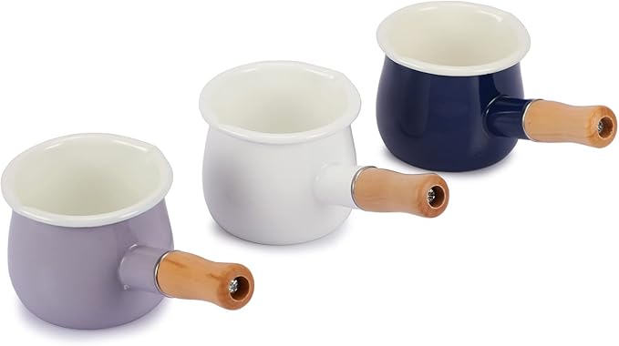 0.6qt Mini Enamel Milk Pot Insulated Wooden Handle 2 Pour Spouts Small Food Warmer Cute Saucepan(D015,Purple)