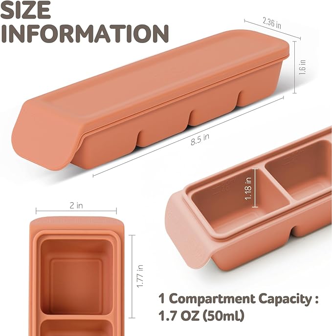 Silicone Freezer Trays with Lid,1.7oz 4 Section - Leak Proof Silicone Freezer molds for Homemade Baby Food Breastmilk,Purees, Vegetables, Baby Food Jars Ice Tray with Lid BPA Free Taupe Brown
