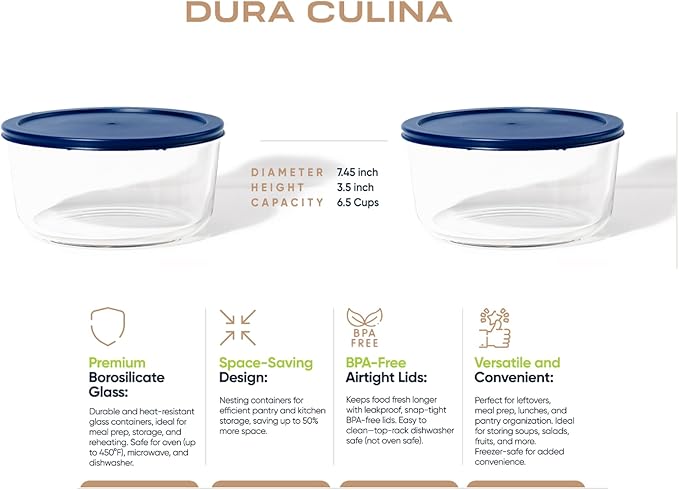 4-Piece Glass Food Storage Containers Set (2 Containers + 2 BPA-Free Lids) | 6.5-Cup, Leakproof | Microwave, Freezer, Oven & Dishwasher Safe | Ideal for Meal Prep & Pantry Organization, Blue