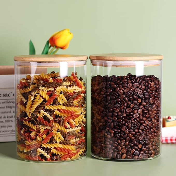 Set of 2 Glass Flour Container with Airtight Bamboo Lid, Large Food Jar with Wooden Lid for Storage Flour, Sugar, Cookies, Rice, Coffee Beans(3L)