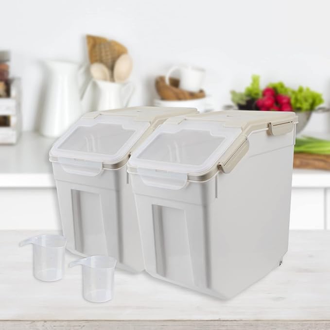Large Flour Storage Container Bin 25lb, 2Pack Airtight Rice Storage Containers with Wheels Seal Locking Lid, BPA Free with Measuring Cup&Scoop for Flour, Rice, Grain(Gray)