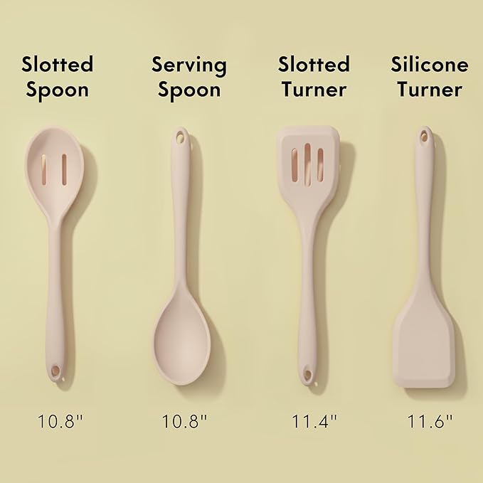 Non-Toxic Platinum Silicone Kitchen Utensil Set of 4 โ Non-Scratch Cooking Spoon & Spatula, 100% Plastic Free, Stainless Steel Core, Heat Resistant 500ยฐF, Beige