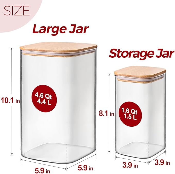 Glass Flour and Sugar Containers, Square Glass Containers with Bamboo Lids, Gallon Jars with Bamboo Lids for Cookies, Coffee Beans (2 pack 1.6/4.6 qt)