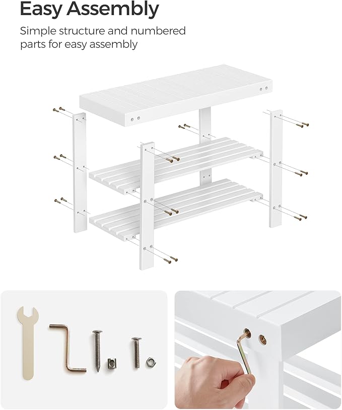 SONGMICS Shoe Rack Bench, 3-Tier Bamboo Shoe Storage Organizer, Entryway Bench, Holds Up to 286 lb, 11.3 x 27.6 x 17.8 Inches, for Entryway Bathroom Bedroom, Cloud White ULBS004W01