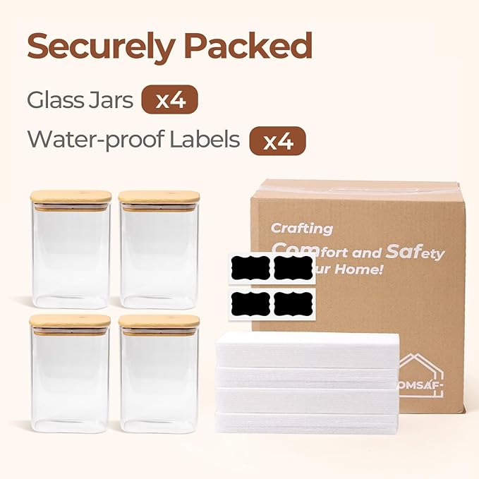 ComSaf 1.8 Qt Rectangle Glass Storage Containers with Lids, Glass Jars with Bamboo Lids, Clear Food Storage Jar, Sugar Coffee Containers, Pantry Storage Container for Pasta Rice Flour Oats Nuts Tea