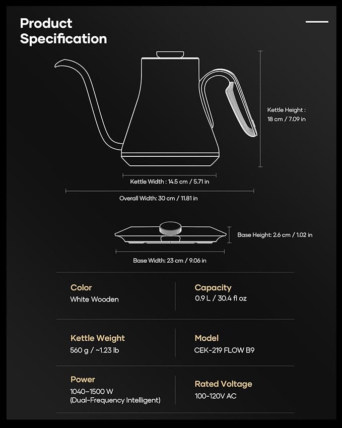 Cocinare FLOW B9 Gooseneck Electric Kettle, Precise Temperature Control for Pour-Over Coffee & Tea Brewing, Stainless Steel Interior, Rapid Heating for Boiling Water 1500W/0.9L (Morandi White)
