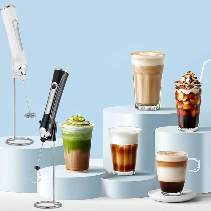 Handheld Electric Milk Frother with 2 Heads, Coffee Whisk Foam Mixer with USB Rechargeable 3 Speeds, Foam Maker Blender for Latte, Cappuccino, Hot Chocolate, Egg (White with stand)