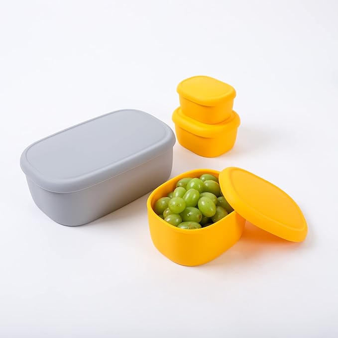 BLUE GINKGO Nesting Silicone Containers - Set of 3 Hard-Shell Silicone Food Storage Containers | BPA Free, Airtight, Dishwasher and Freezer Safe (6.7oz, 10oz, 20oz) - Yellow