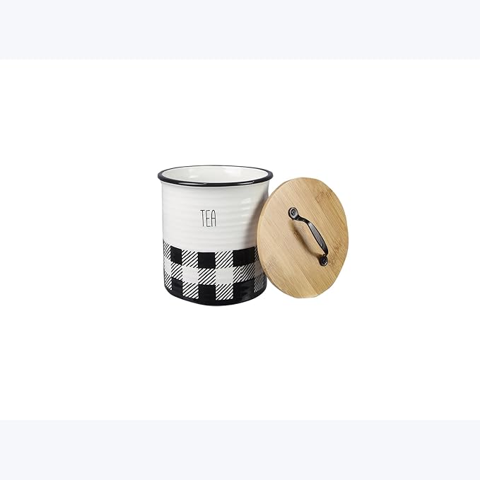 Young's Inc. 4 Pcs Set Plaid with Bamboo Lids Ceramic Canisters- Storage Container for Kitchen and Bathroom - Beautiful Home Decor Accent to Store Food, Coffee, Tea, and More - Black, White