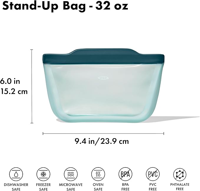 OXO Good Grips Silicone Reusable Bag – Stand-Up Quart (32 oz) - Lagoon