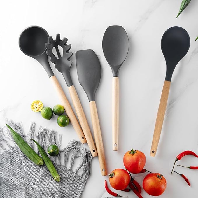 Silicone Pasta Fork and Silicone Cooking Spoon Set, Large Non Stick Kitchen Utensils for Cooking, Stirring, Serving Spaghetti, Soup, Sauce