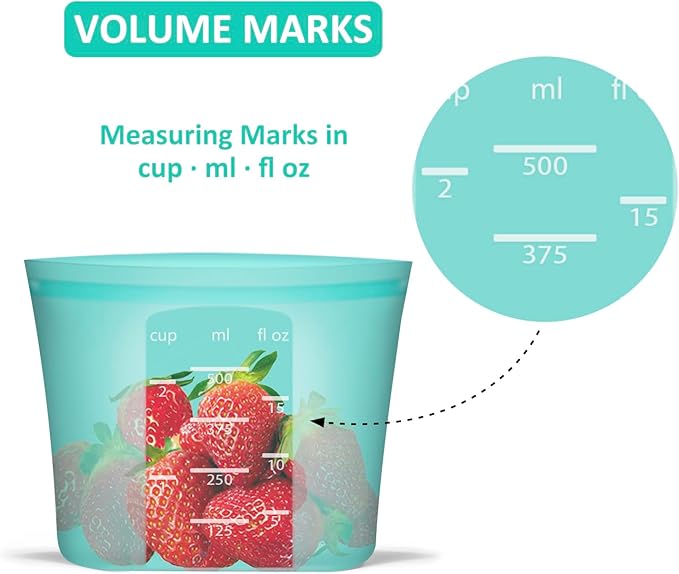 Reusable Snack Bags, 4 Pack, Stand Up 100% Silicone Reusable Storage Bag, Ziplock Silicone Food Storage Containers Snack Size, Freezer Microwave Oven Dishwasher Safe, Aqua, 16oz