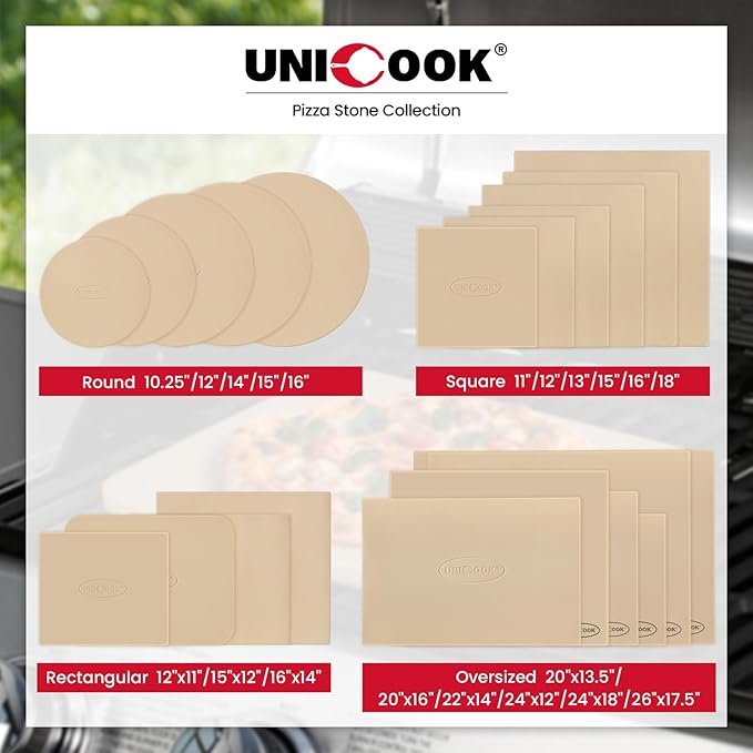 Unicook Pizza Stone for Oven and BBQ Grill, 13 Inch Square Baking Stone for Bread, Cordierite Thermal Shock Resistant Pizza Making Accessory for Oven and Grill, Including Dough Scraper
