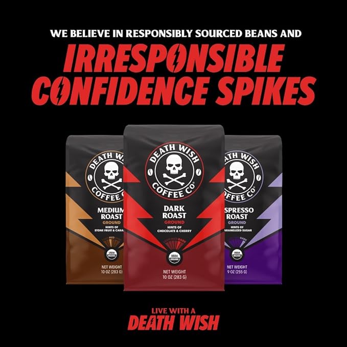 Death Wish Coffee Dark Roast Grounds - Bold Intense Blend of Arabica & Robusta Beans - USDA Organic Ground Coffee - 80 oz.
