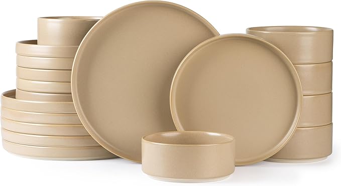 TheTerra Ceramic Dinnerware Sets for 6, 18 Pieces Handmade Reactive Glaze Plates and Bowls Set, Scratch Resistant Dish Set, Oven & Microwave & Dishwasher Safe, Ivory Cream