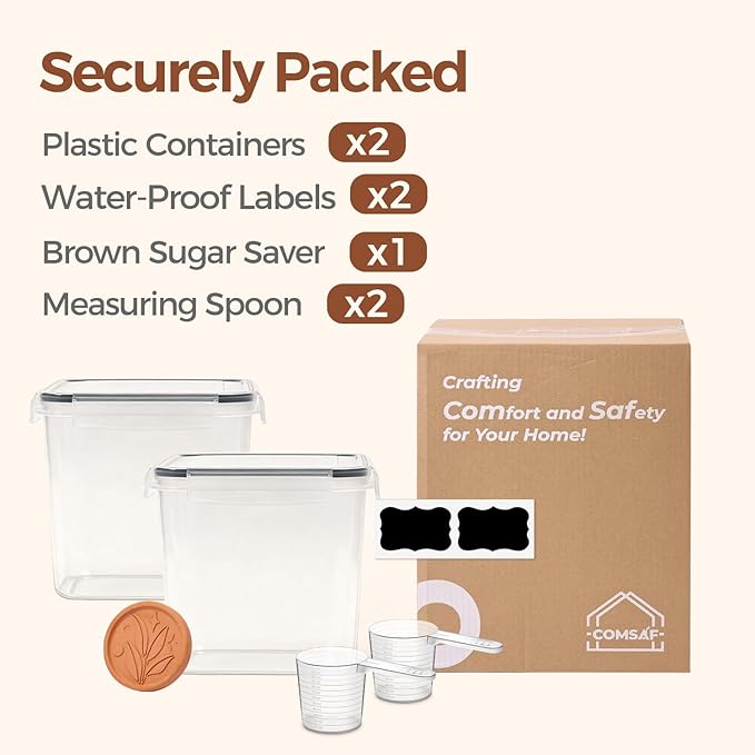 ComSaf Brown Sugar Container Set of 2 (2.5L/2.6Qt), Airtight Food Storage Containers with Lids and Terra Cotta Brown Sugar Saver, Plastic Canisters Sets for Kitchen, Pantry Organizer for Flour, Baking
