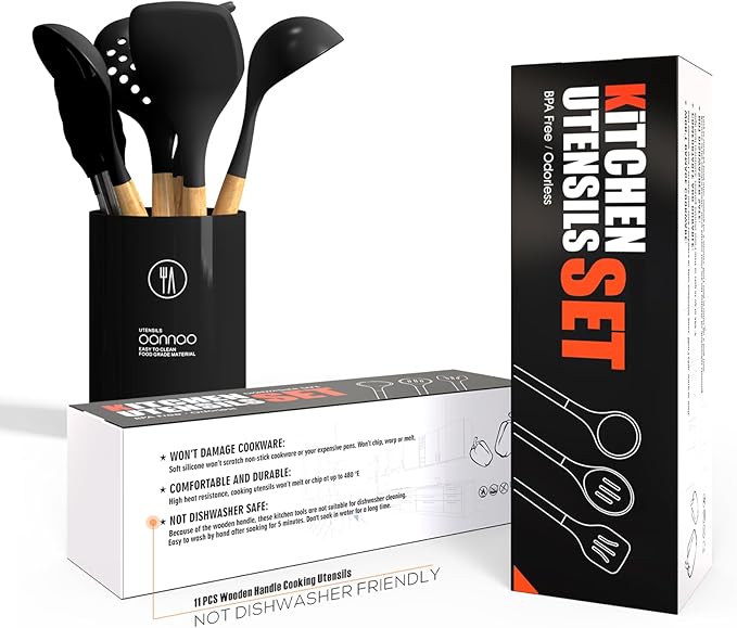 Silicone Cooking Utensils Set - 446°F Heat Resistant Silicone Kitchen Utensils for Cooking,Kitchen Utensil Spatula Set w Wooden Handles and Holder, BPA FREE Gadgets for Non-Stick Cookware (Black)