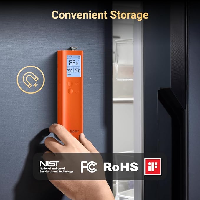 Typhur Sync Gold Wireless Meat Thermometer, Enhanced 10X Sub-1G Signal and Stability, WiFi Unlimited Range, 6 Sensors, Bluetooth Meat Thermometer for BBQ, Oven, Smoker, Grill, Air Fryer, Orange, Gen2