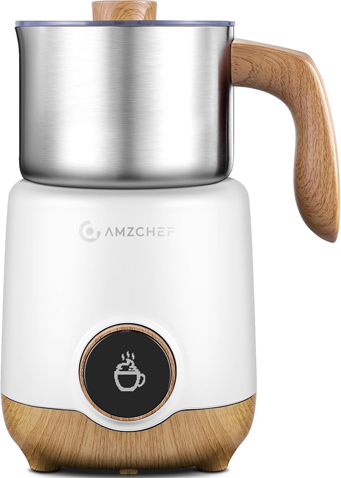 AMZCHEF 8-IN-1 Milk Frother and Steamer 550 Watts, 21 oz Split Stainless Steel Automatic Steamer, Milk's Warmer for Latte, Cappuccino, Hot and Cold Froth, Heated Milk, Hot Chocolate, Baby Food White