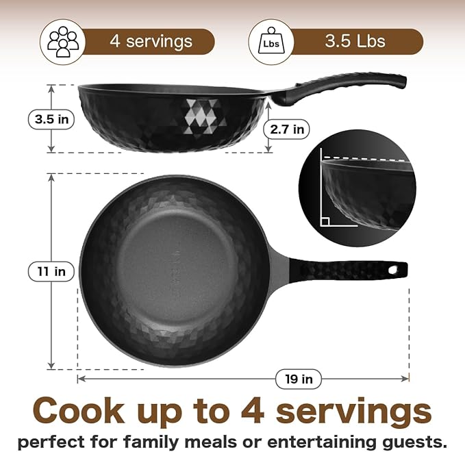Diamond X Premium Non Stick Wok Pan with Lid - 11" Large Flat Bottom Chinese Wok - Woks & Stir-fry Pans Nonstick - Titanium-Coated 8-Layered Korean Engineered Skillet for Frying, Oil-Free, PFOA-Free