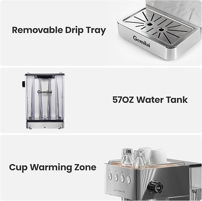Espresso Machine, Espresso Maker with Milk Frother Steam Wand & 57OZ Water Tank for Latte Macchiato Cappuccino, Brushed Stainless Steel G3005E