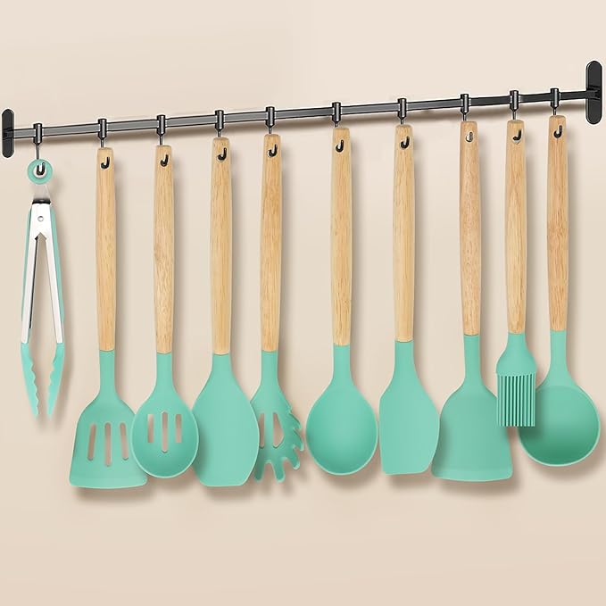 12-Piece Silicone Kitchen Utensils Set with Wooden Handle, Non-Stick & Heat Resistant Cooking Utensils (446°F), Includes Spatula, Spoon, Turner, Tongs, Whisk, Great for Home Cooks-Green