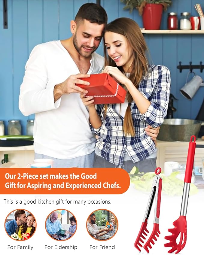 Silicone Spaghetti Spoon & Pasta Tong, Non-Stick Stainless Steel Handle Pasta Fork Set with Teeth, Food Clip for Easy Serving of Noodles (Red)