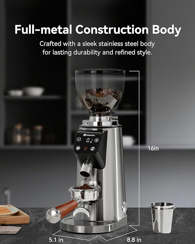 MOKKOM Professional 64mm Flat Burr Coffee Grinder with 100 Grind Settings, All-Metal Stainless Steel Body, Coffee Bean Grinder with Adjustable Electronic Timer, Anti-Static, LED Display