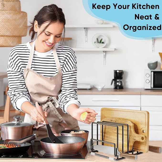 Cutting Board Organizer Rack with 7 Compartments, Heavy-Duty Iron Pan and Baking Sheet Organizer, Kitchen Cabinet Storage Rack with Non-Slip Base, Space-Saving Pot Lid Holder for Countertop & Pantry
