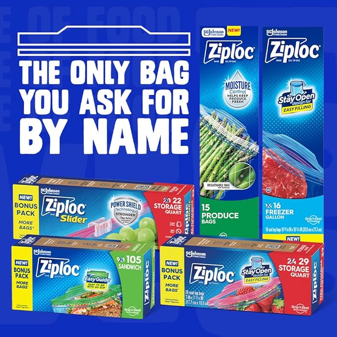 Ziploc Half Gallon Food Storage Freezer Bags, Grip 'n Seal Technology for Easier Grip, Open, and Close, 40 Bags Total