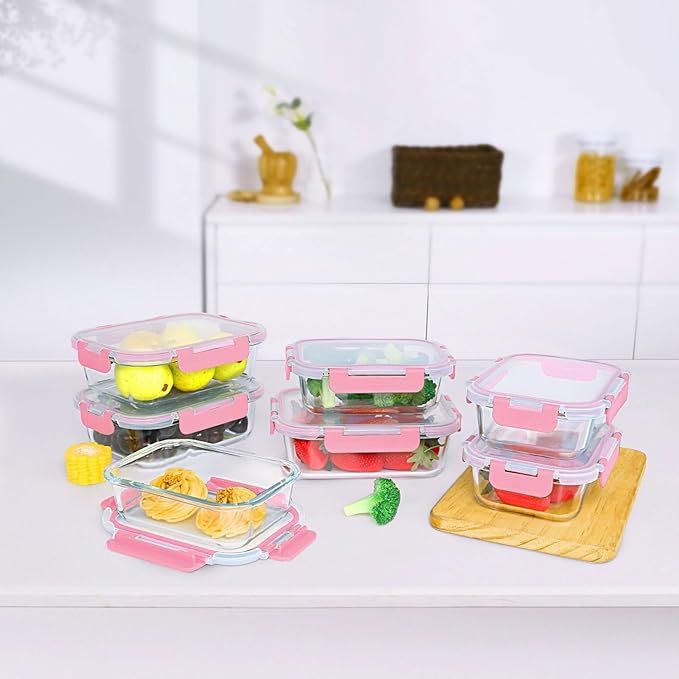 M MCIRCO [10-Pack Meal Prep Containers with Snap Locking Lids, Glass Airtight Lunch, Food Storage Containers, Microwave, Oven, Freezer and Dishwasher Friendly, Pink