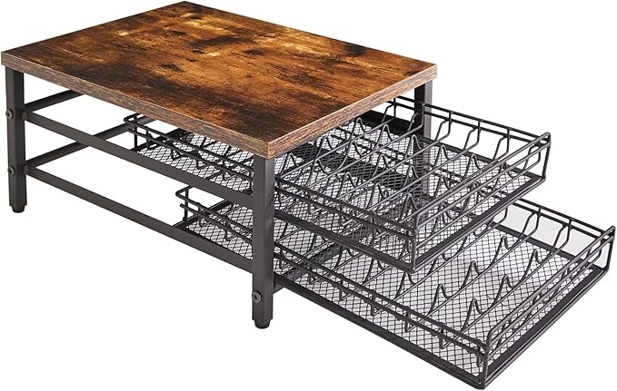 IBUYKE 2-Tie Coffee Pod Drawer Holder,80 Capsule Pods,Compatible for Nespresso Vertuo Pods,Wooden Top and Mesh Shelves,Home Kitchen Counter Coffee Bar Organizer, Rustic Brown,TCJ102H