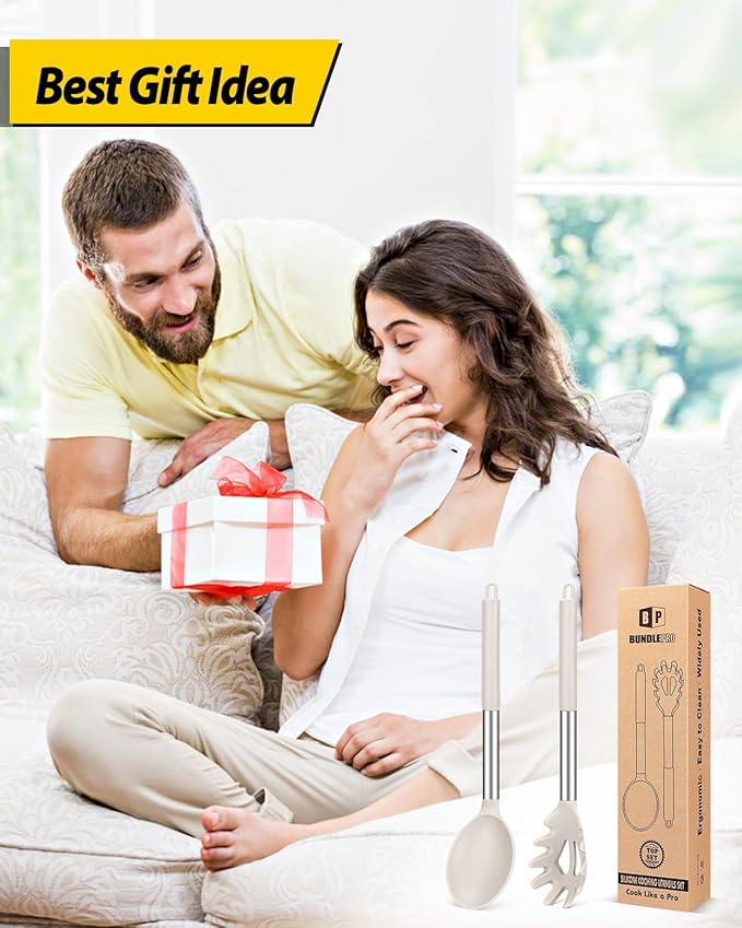 Silicone Pasta Fork and Cooking Spoon Set, Non Stick Kitchen Utensils for Cooking,Stirring,Serving Spaghetti, Soup, Sauce (KHAKI)