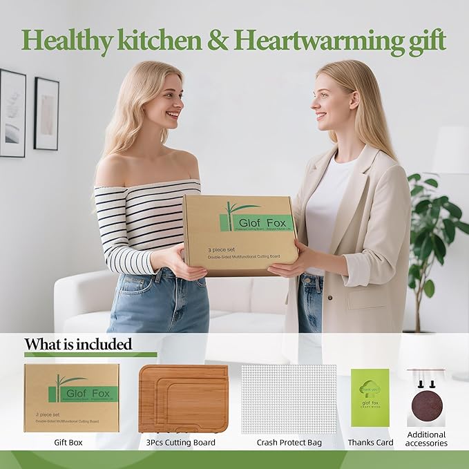 3-PCS Bamboo Cutting Board Set, Wood Cutting Board for Kitchen with Innovative Stand, Juice Groove & Handle, Double Sided for Chopping & Charcuterie Board, Kitchen Gift for Home Cooks, For Meat &Fruit