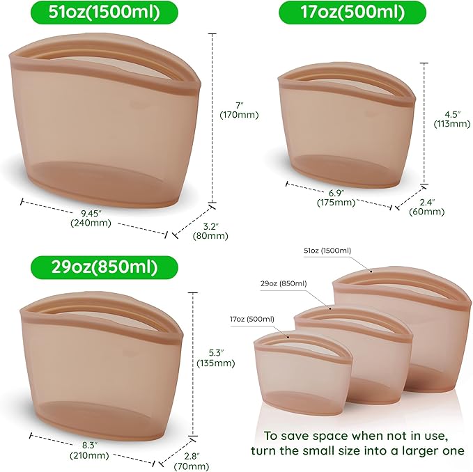 Reusable Silicone Food Storage Bags 3Set Airtight food Storage Containers Food Grade Silicone Snack Bags, BPA Free Food Storage Container, Microwave Safe, Sous Vide Container, Brown, 17oz+29oz+51oz