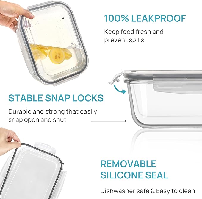Vtopmart 2.26L/76oz Extra Large Glass Food Storage Containers with Lids, 6 pack Meal Prep Container Set, Airtight Lunch Boxes with Snap Locking Lids for Microwave, Oven, Freezer, Dishwasher