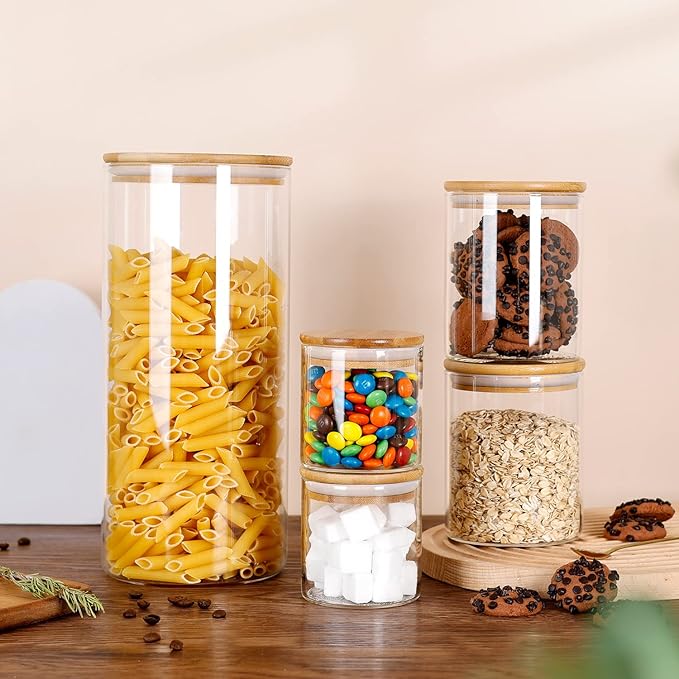 umieo Large Glass Flour and Sugar Containers 50oz Set of 2, Glass Jar with Airtight Lids, Clear Storage Containers with Bamboo Lids for Rice, Oat, Nuts, Candy, Cereal, Coffee, Beans