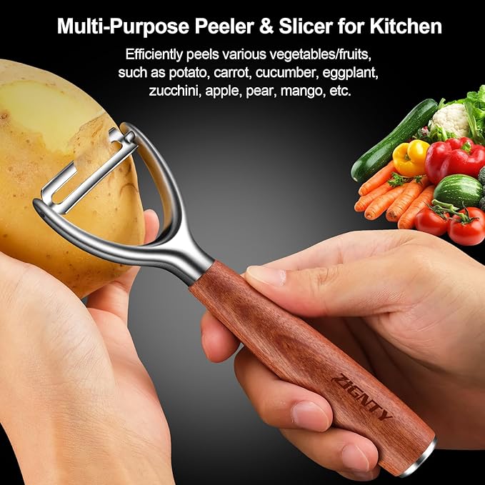 Premium Vegetable Peeler Stainless Steel,Ultra Sharp Potato Peelers for Kitchen, Swivel Blade Veggie Fruit Peeler, Carrot Cucumber Peeler with Ergonomic Wood Handle Y Peeler(5 Years Warranty)