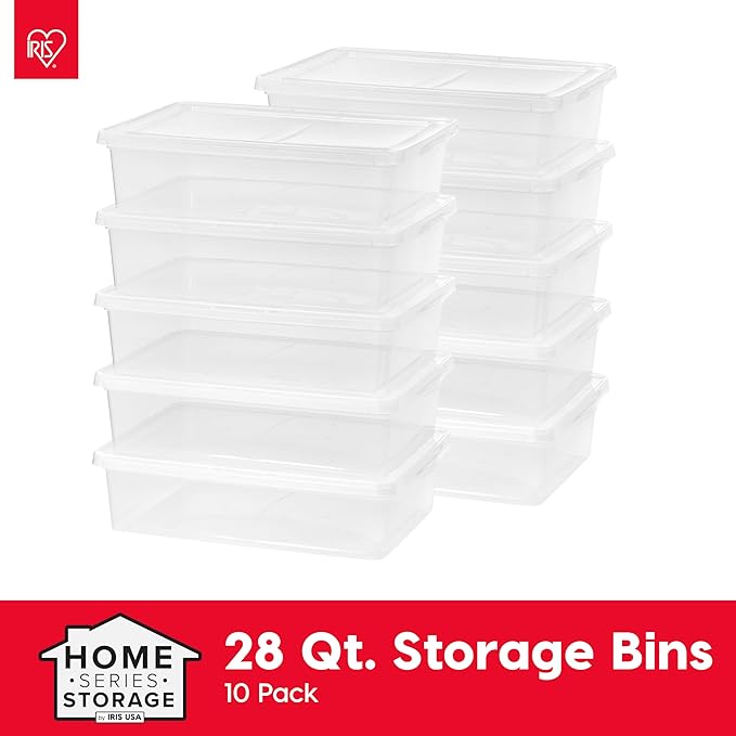 IRIS USA 10-Pack Storage Bins with Lids, 28 Quart, Shoe Boxes Clear Stackable Containers Organize Shoes Closet Shelves, Classroom Organization Teacher Tools, Game Storage - BPA-Free Plastic