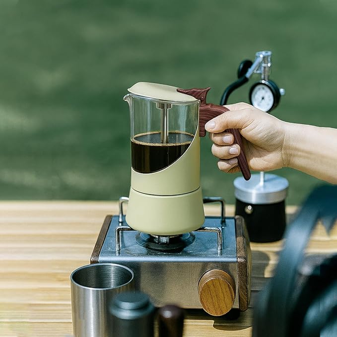 Glass Moka Pot for Stovetop & Induction - Italian Espresso Maker with Wood Handle & Leak-Proof Design - Comes with Induction Heat Diffuser Plate (6 Cup, Frosted 240ml)