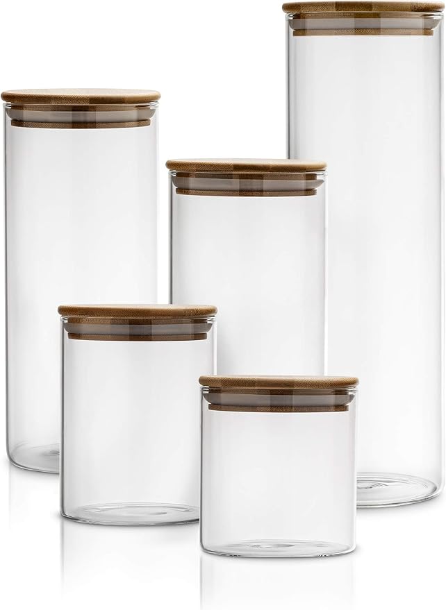 Set of 5 Glass Kitchen Canisters with Airtight Bamboo Lid - Glass Storage Jars for Pantry Organization and Bathroom for Flour, Coffee, Cookie Jar, Candy, Snack, Pasta, Rice, Sugar Packet Holder