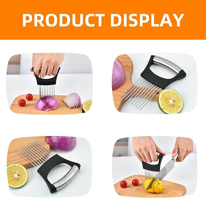 Onion Holder for Slicing, Upgrade Stainless Steel Onion Slice Holder Lemon Slicer Vegetable Cutter, Assistant Tool for Slicing Fruit, Potato, Tomato and Meat (2 Pack)