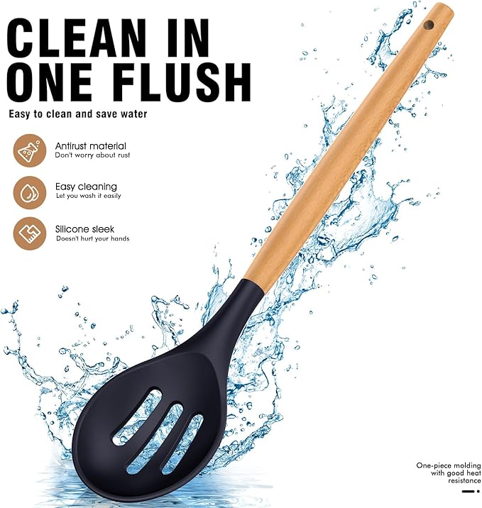 Silicone Cooking Utensils Set - Silicone Kitchen Utensils for Cooking Wooden Handles, 446°F Heat Resistant Kitchen Utensil Spatula Sets w Holder, Gadgets for Non-Stick Cookware BPA FREE (Navy Blue)