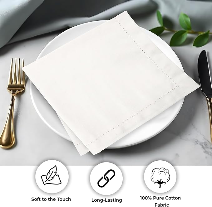 Urban Villa Cloth Napkins Ivory Hemstitch Dinner Napkins Set of 12 20X20 Inches 100% Cotton Absorbent Washable Durable Reusable Ideal for Farmhouse Party Thanksgiving Christmas Dinner Napkins