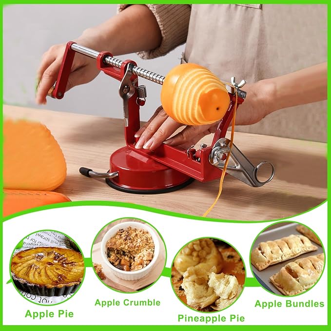 Apple Peeler Corer, Long lasting Chrome Cast Magnesium Alloy Apple Peeler Slicer Corer with Stainless Steel Blades and Powerful Suction Base for Apples and Potato(Deep Red)