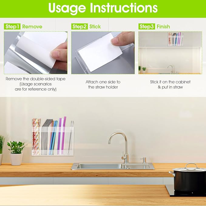2 Pack Straw Holder for Cabinet, Acrylic Straw Organizer Cabinet Door Straw Holder with Double Sided Adhesive Tape and Stickers Straw Rack for Counter Cabinet Cupboard Kitchen (Clear)