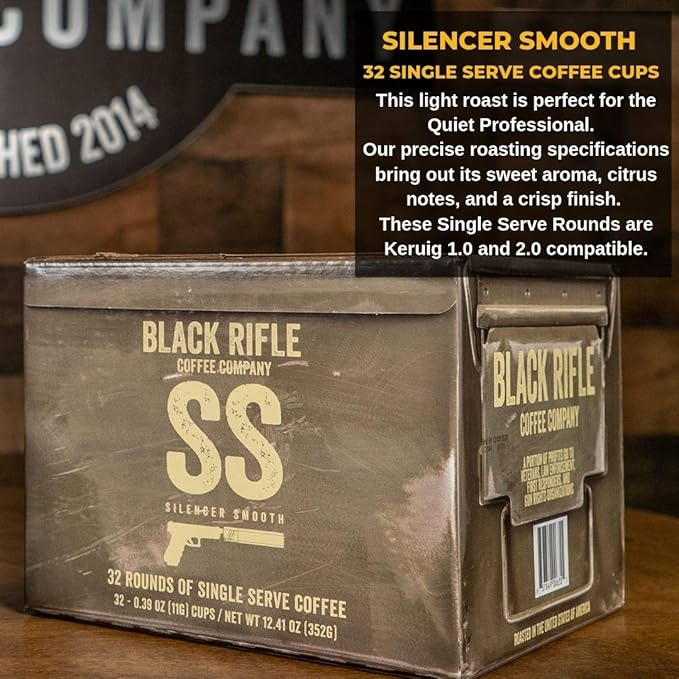 Black Rifle Coffee Company Silencer Smooth, 32 Count, Light Roast K Cups - Single Serve K Cups Coffee Pods - Kcup Pods Compatible with Keurig 1.0 & 2.0 - Made from Arabica Beans